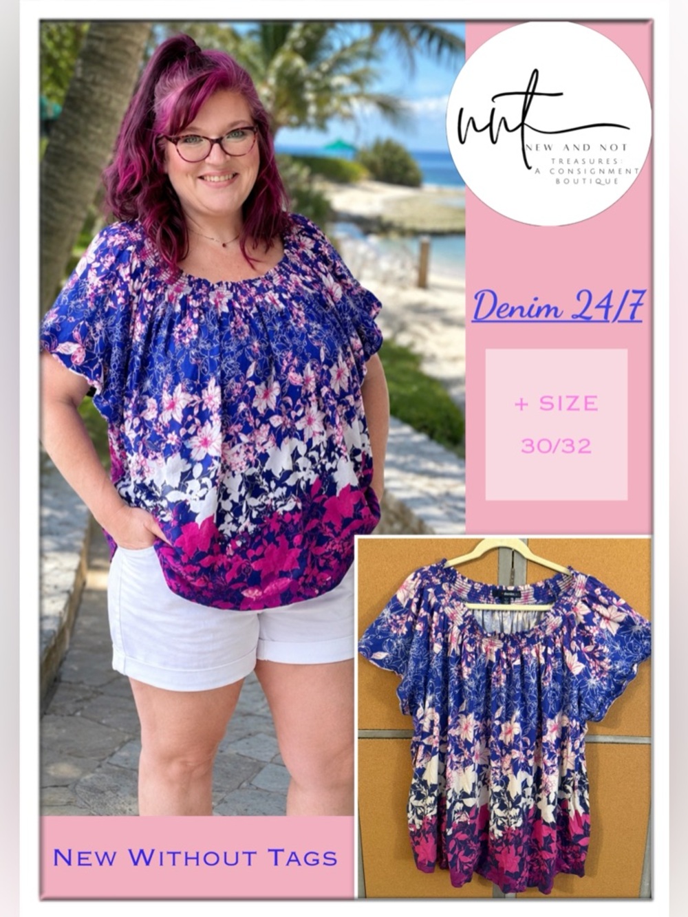 Denim 24/7 Roamans Floral Peasant Top Blue Pink Stretch Knit Plus 30/32 NWOT